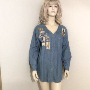 PTNY Denim : long-sleeved v-neck shirt with Noah's Ark Animals Appliqued! Size M